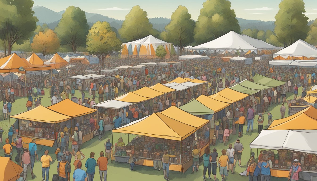 A bustling craft beer festival in Roseville, CA, with rows of colorful tents and enthusiastic patrons sampling local brews