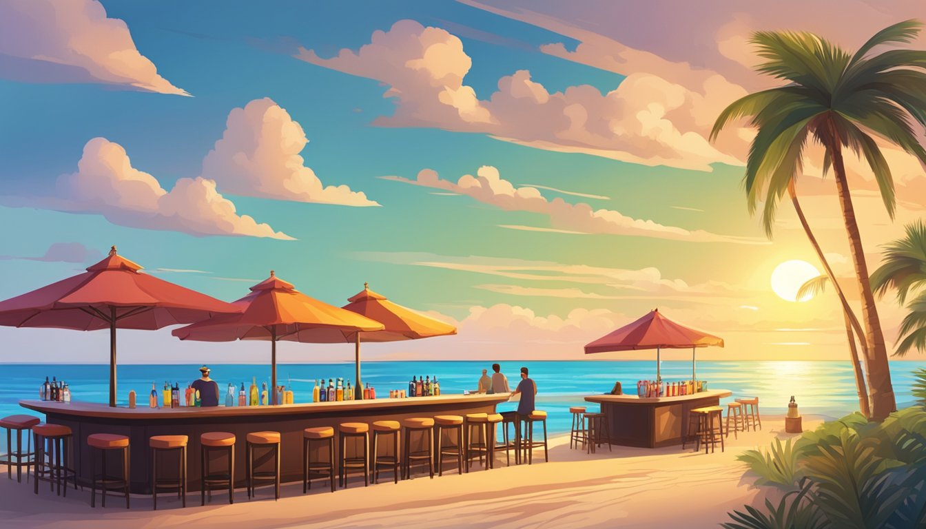 A beachside bar with colorful umbrellas, palm trees, and a row of local craft beer taps, as the sun sets over the ocean