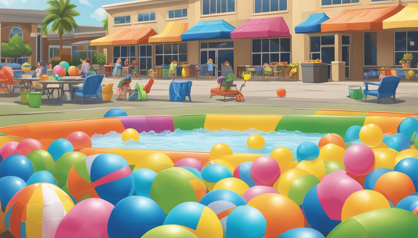 A colorful kiddie pool sits among summer toys at Kroger, surrounded by beach balls and water guns, ready for splashing fun