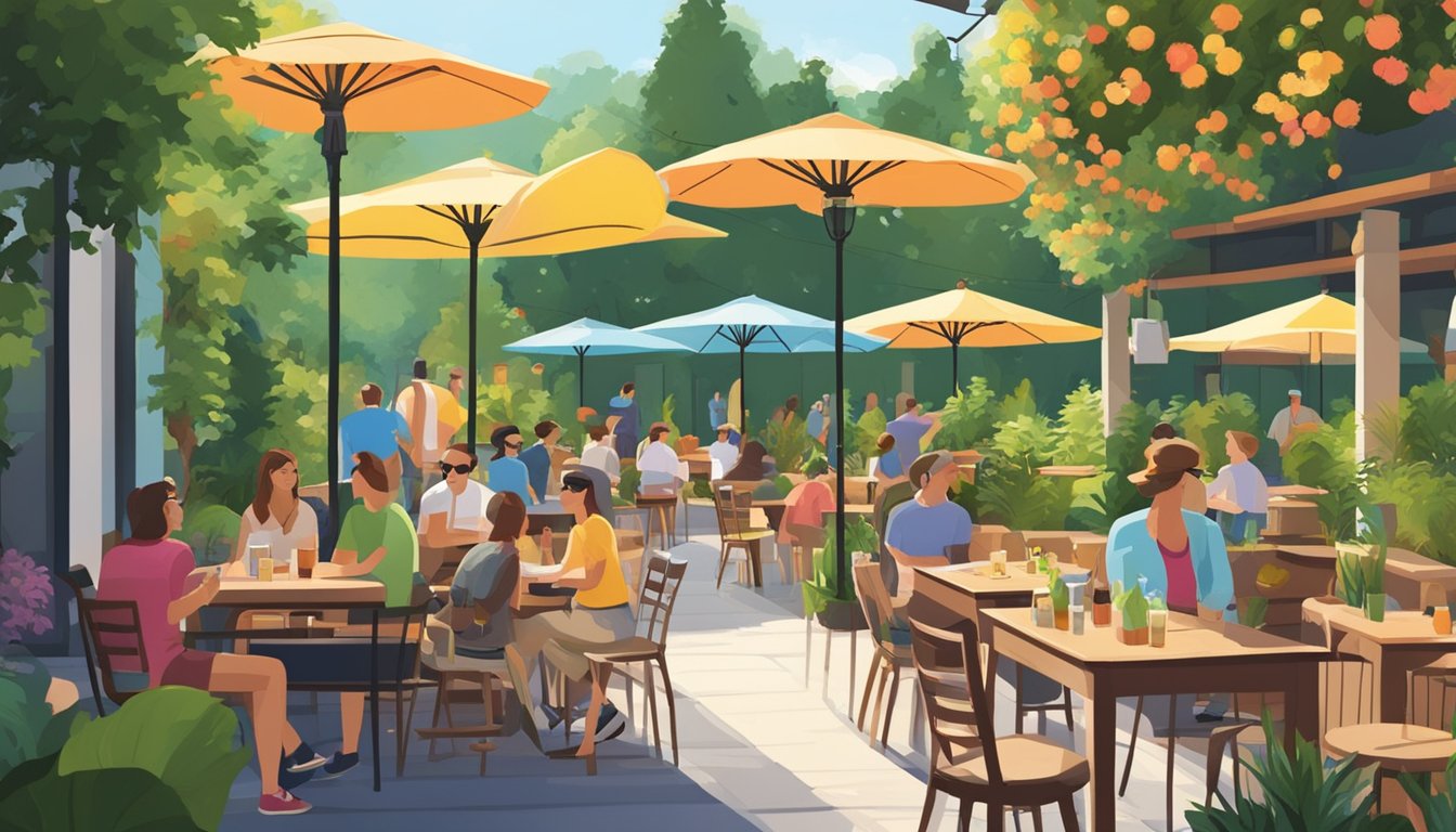 A sunny outdoor patio with colorful umbrellas, surrounded by lush greenery, with people enjoying locally brewed craft beer in the background