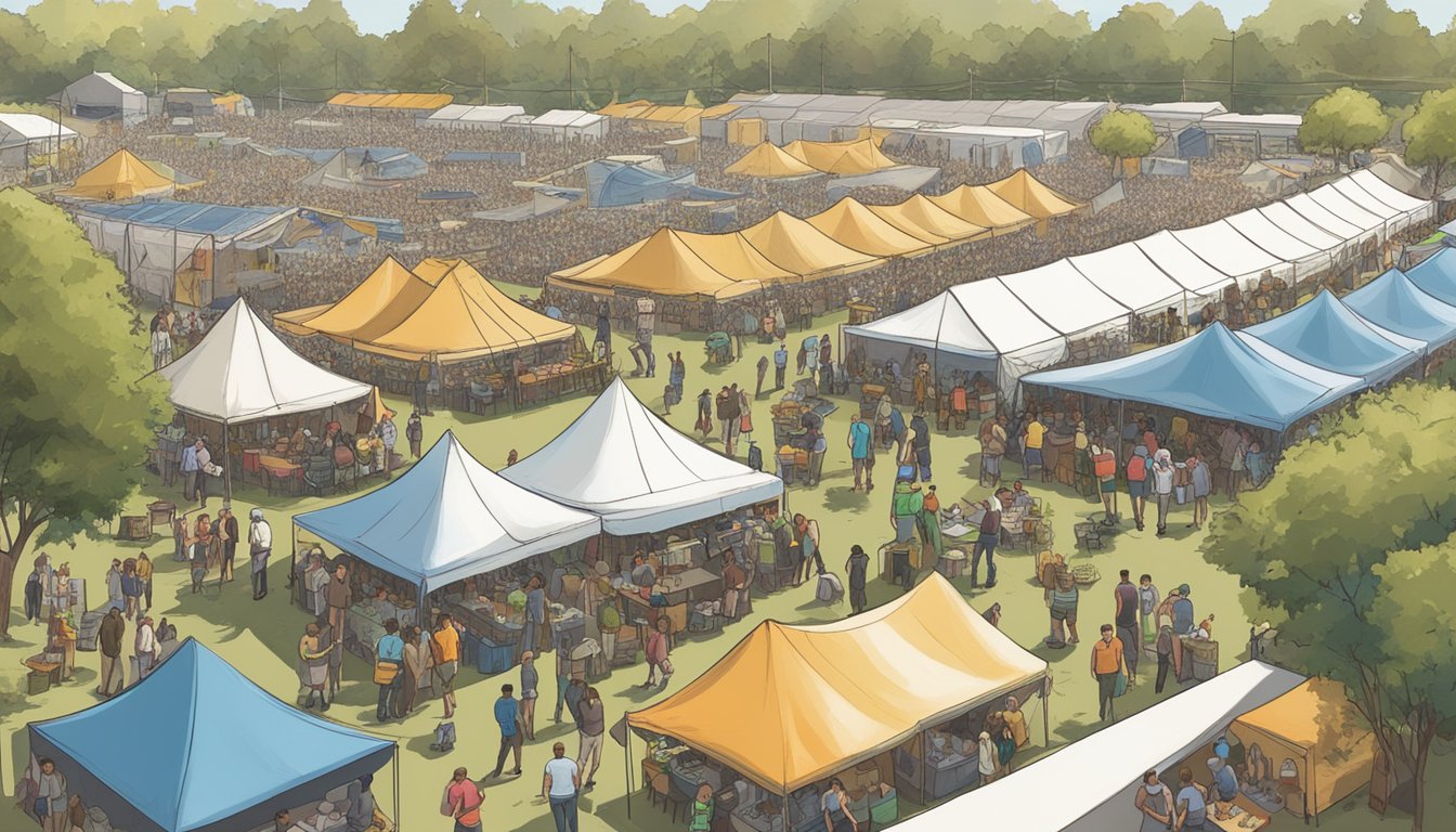 A bustling craft beer festival with rows of tents, beer tastings, and live music in Ontario, CA