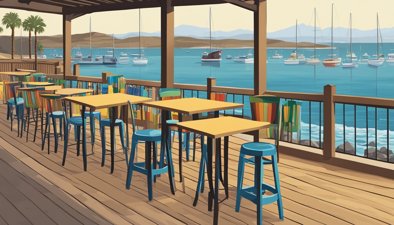 A waterfront scene with colorful craft beer labels on display at a local brewery in Oceanside, CA. Tables and chairs set up for outdoor tasting