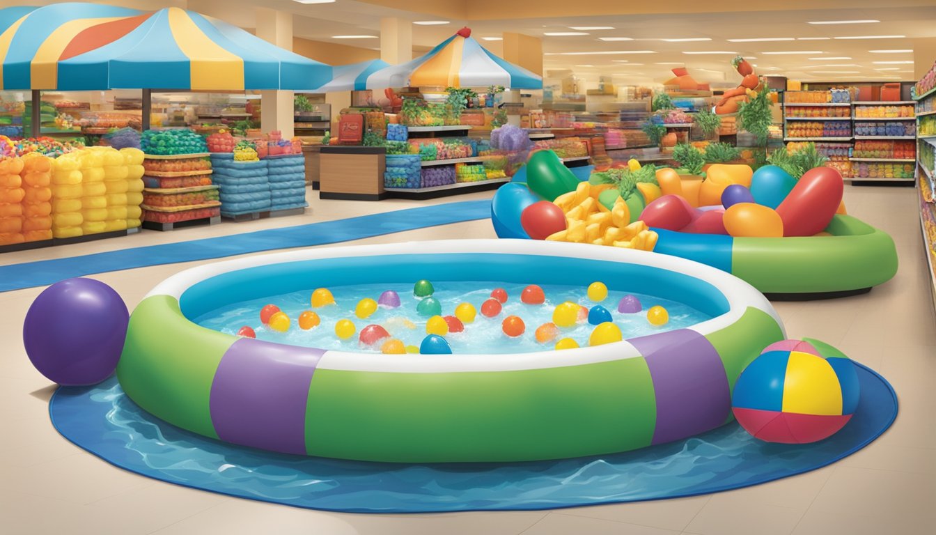 A colorful kiddie pool displayed in the seasonal section of a Kroger store, surrounded by inflatable toys and summer-themed decorations