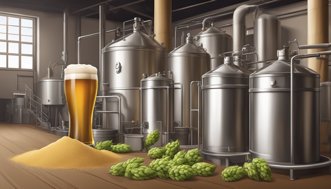 Malt, hops, and yeast in a brewery with brewing equipment and barrels