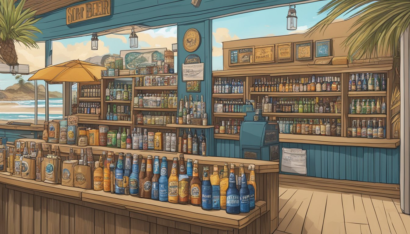 A beachfront shop displays craft beer merchandise with a local beer guide in Oceanside, CA