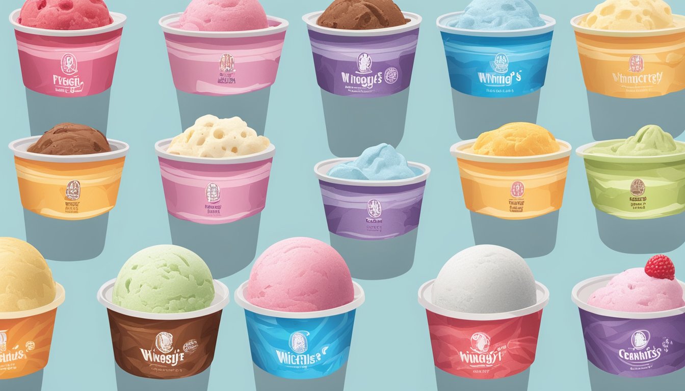 A colorful display of various ice cream flavors arranged neatly in a freezer, with a spotlight highlighting the Piggly Wiggly's logo above the selection