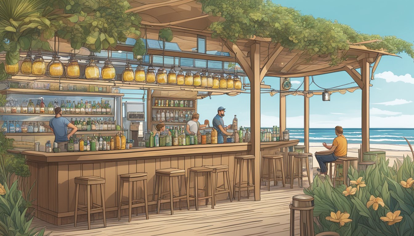 A beachside brewery with solar panels, recycling bins, and coastal flora. Waves crash in the background as a bartender pours a pint