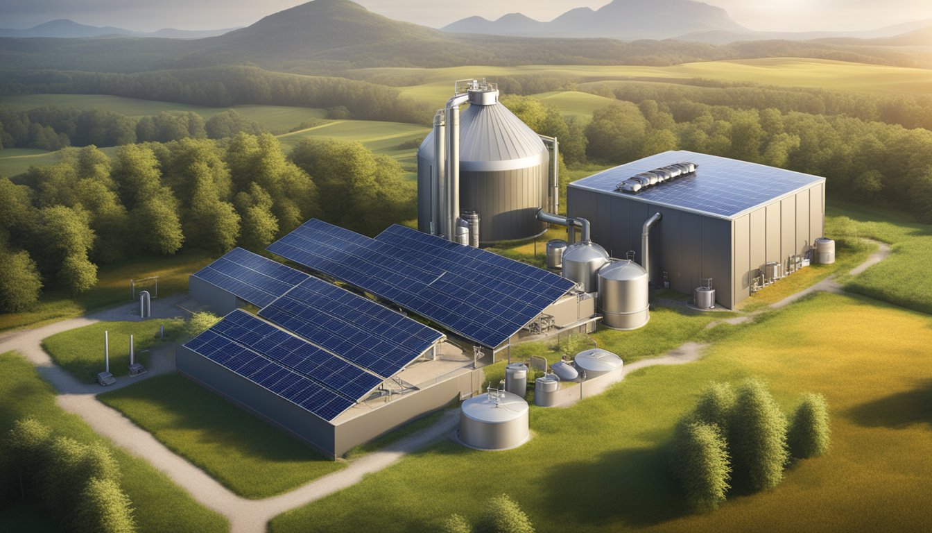 A brewery surrounded by fields of barley and hops, with solar panels on the roof and a water recycling system