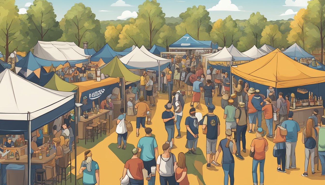 A bustling craft beer festival with vendors, live music, and beer enthusiasts sampling and enjoying various brews