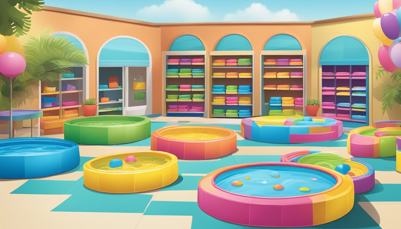 A colorful array of kiddie pools arranged in a store display, with various sizes and designs on vibrant packaging