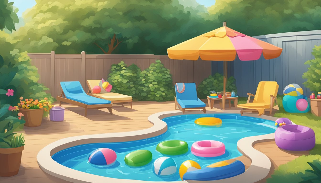 A colorful kiddie pool sits in a lush backyard, surrounded by toys and a lounge chair, ready for a day of summer fun