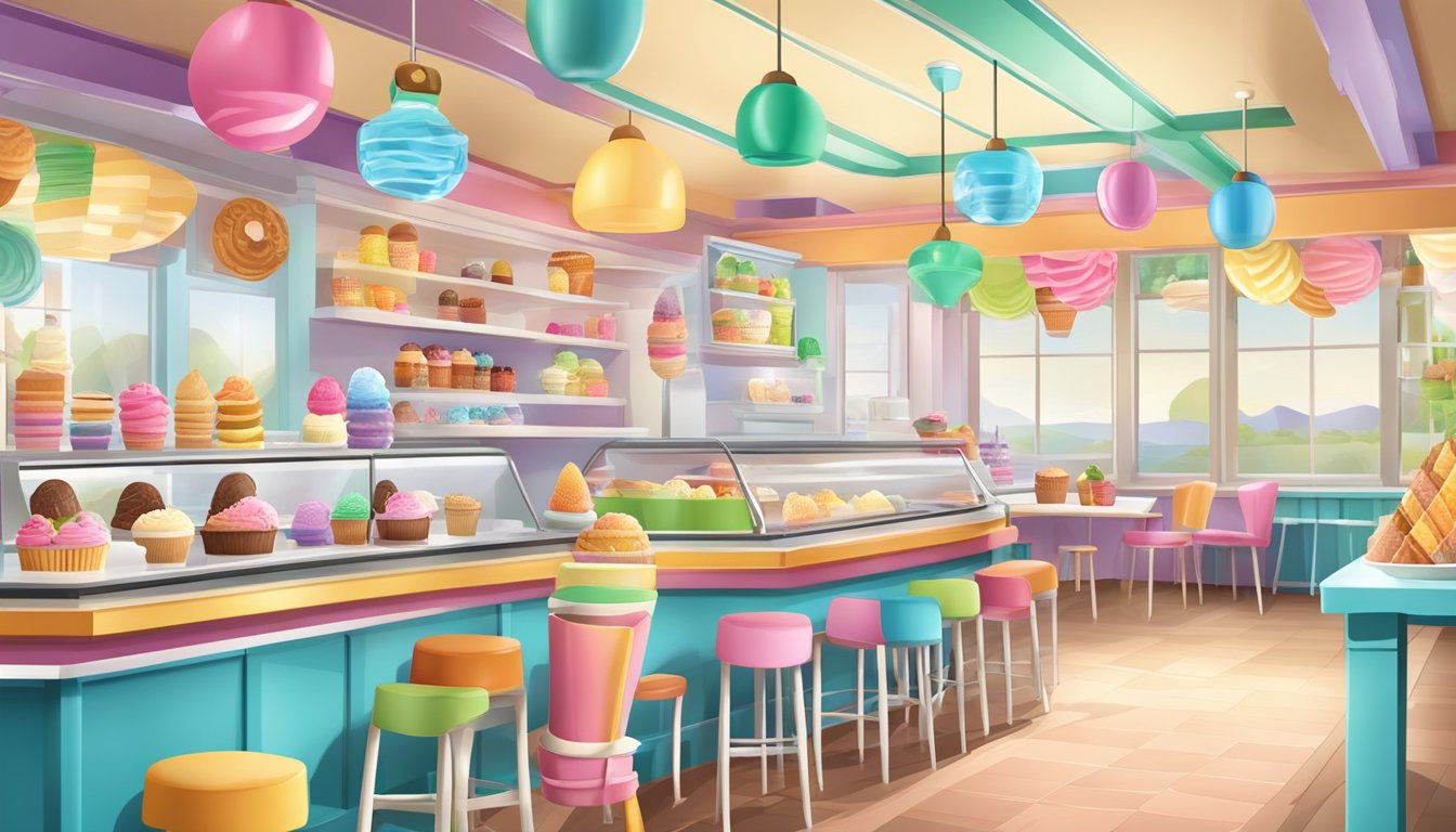 A colorful ice cream parlor with a variety of creamy flavors displayed in a clean, inviting setting