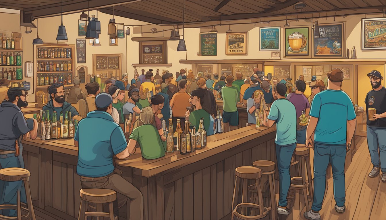 A crowded taproom with various beer styles on display, from hoppy IPAs to rich stouts, with locals enjoying the vibrant atmosphere