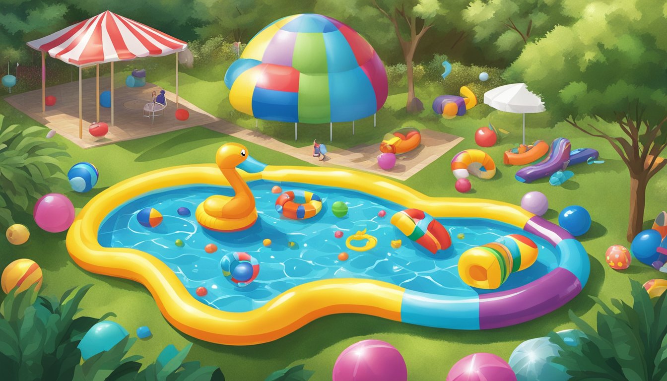 A colorful array of inflatable toys and water games scattered around a sparkling kiddie pool in a lush backyard setting