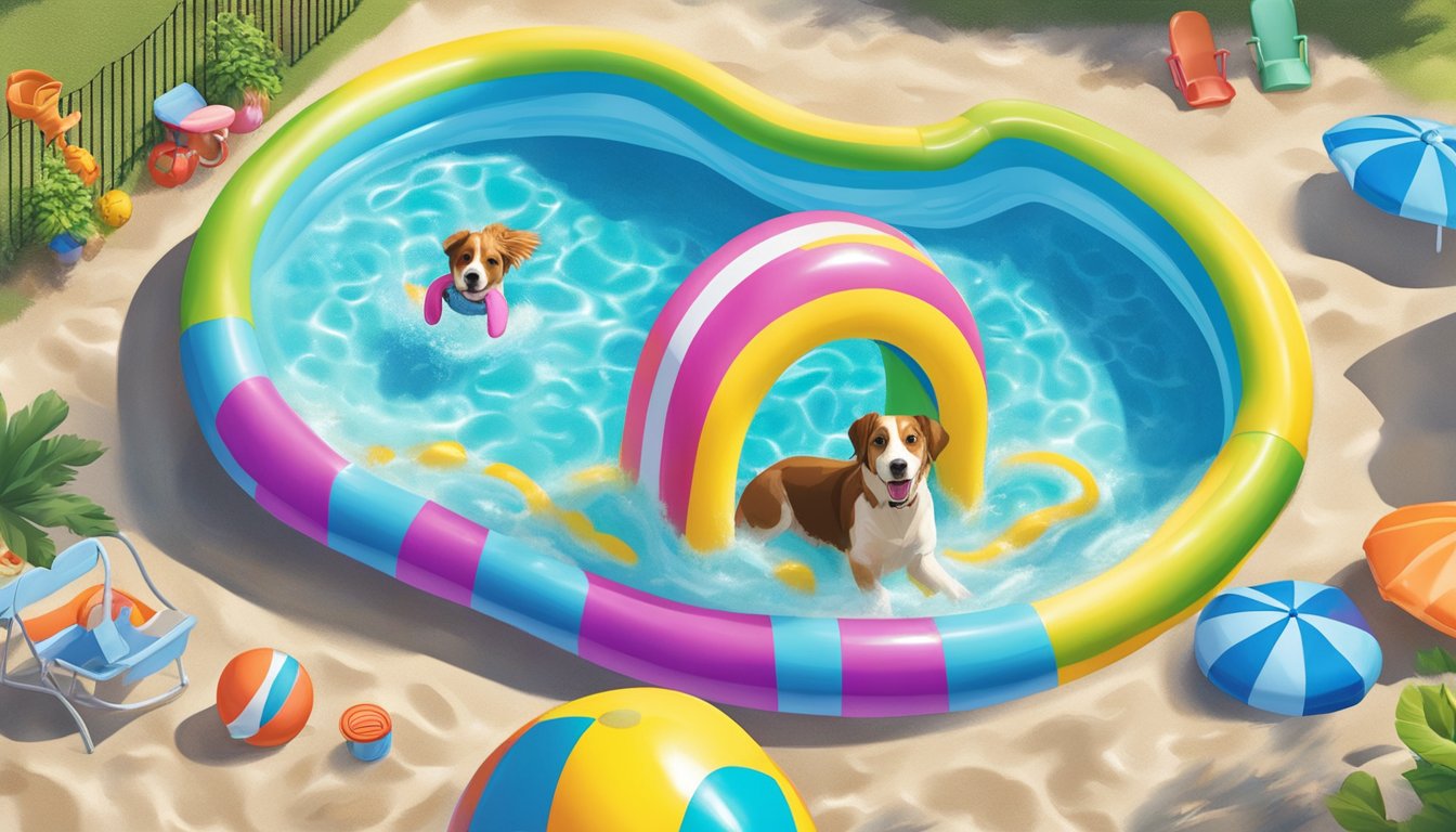 A vibrant kiddie pool sits in a sunny backyard, surrounded by colorful beach toys and inflatables. Water splashes as a playful dog jumps in