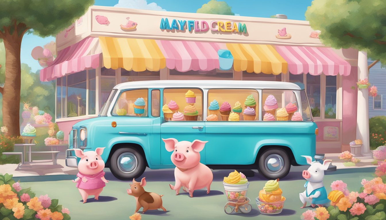 A colorful display of Mayfield Ice Cream's unique flavors, surrounded by playful pig and piglet characters, evoking a sense of cool comfort and indulgence