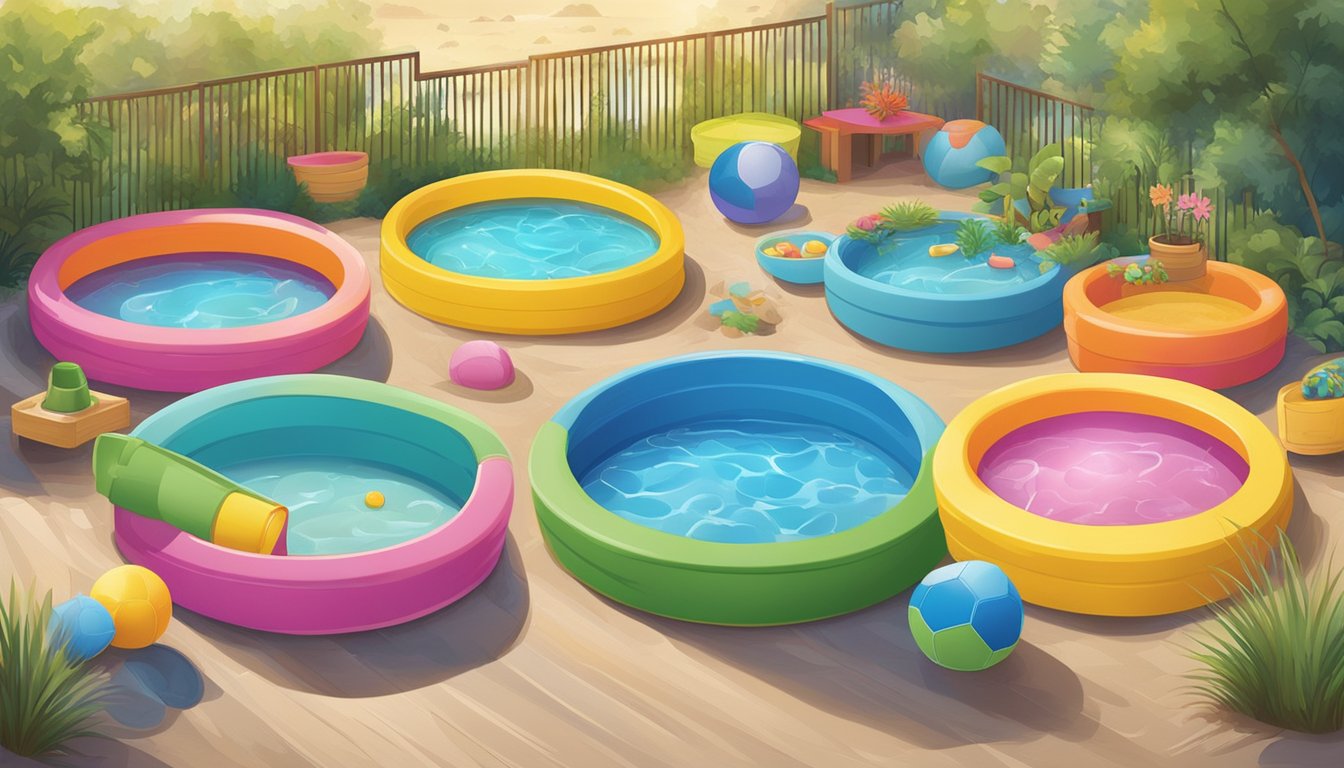 A group of colorful kiddie pools arranged in a backyard, filled with sand, plants, or floating toys, showcasing various alternative uses