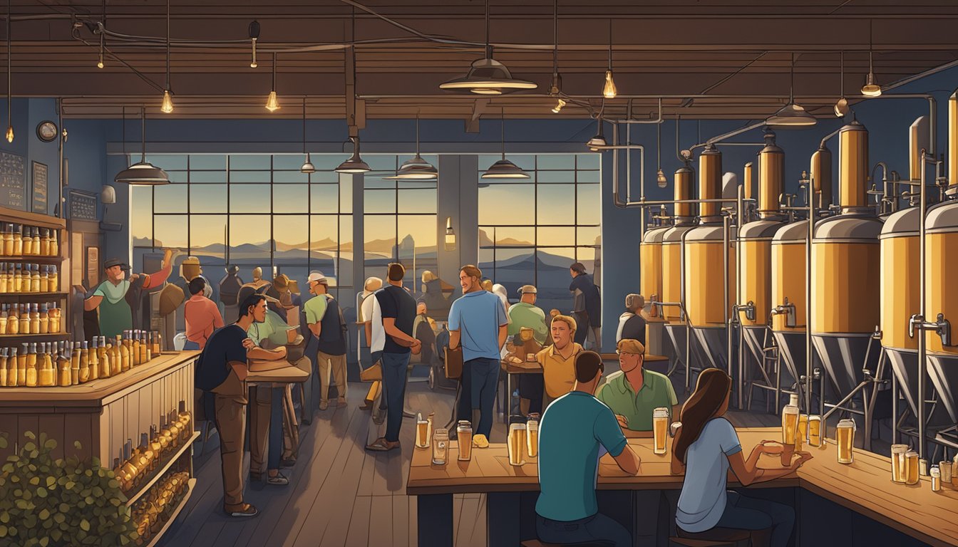 A bustling brewery scene with people enjoying craft beer in Oxnard, CA under a spotlight