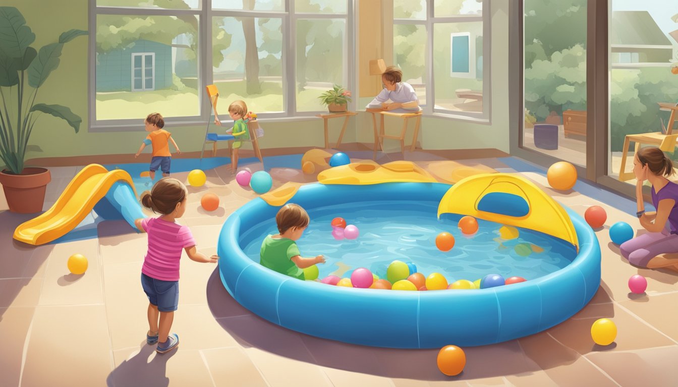 A colorful kiddie pool surrounded by toys and safety equipment, with a parent watching nearby