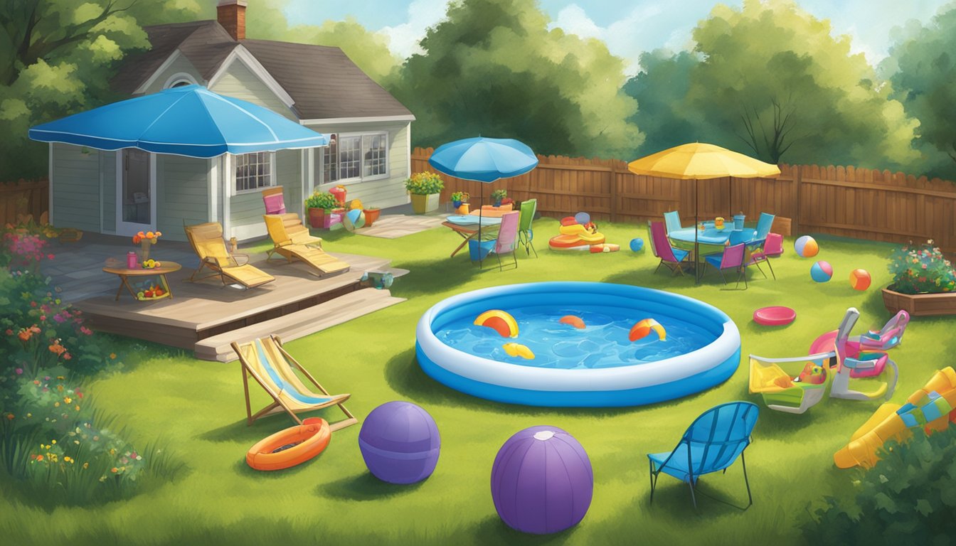 A sunny backyard with a hannaford kiddie pool set up on the grass, surrounded by colorful floaties and toys