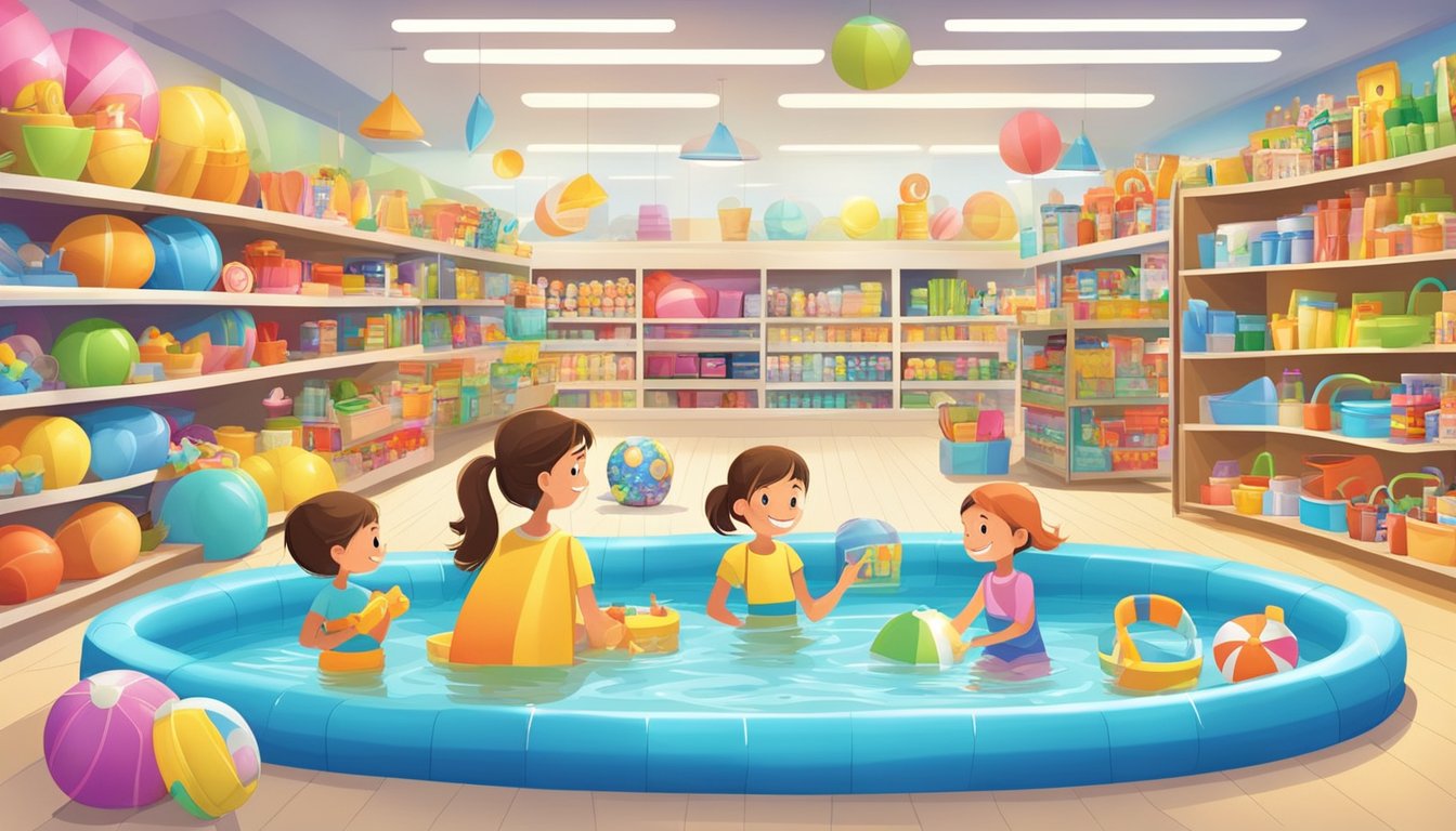 A bright and colorful kiddie pool surrounded by shelves of summer toys and accessories, with a happy family browsing through the selection at a lively retail store