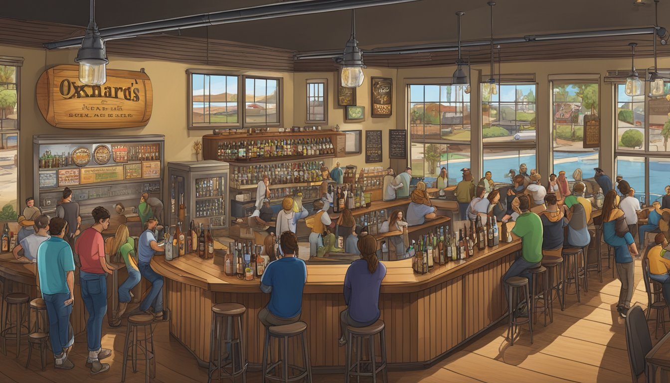 A bustling taproom with a variety of craft beer taps, patrons enjoying drinks, and a prominent sign for "Oxnard's Signature Beers."