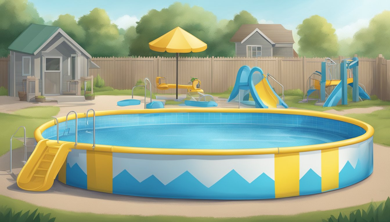 A clean, well-maintained kiddie pool surrounded by safety signs and equipment. Clear water with no debris or algae