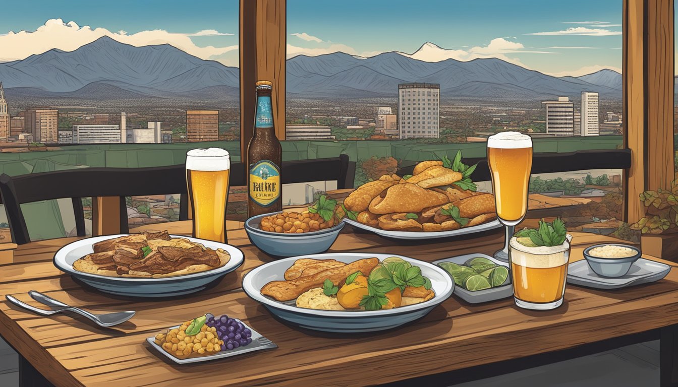 A rustic table set with an array of local craft beers and gourmet dishes, with the San Bernardino skyline in the background