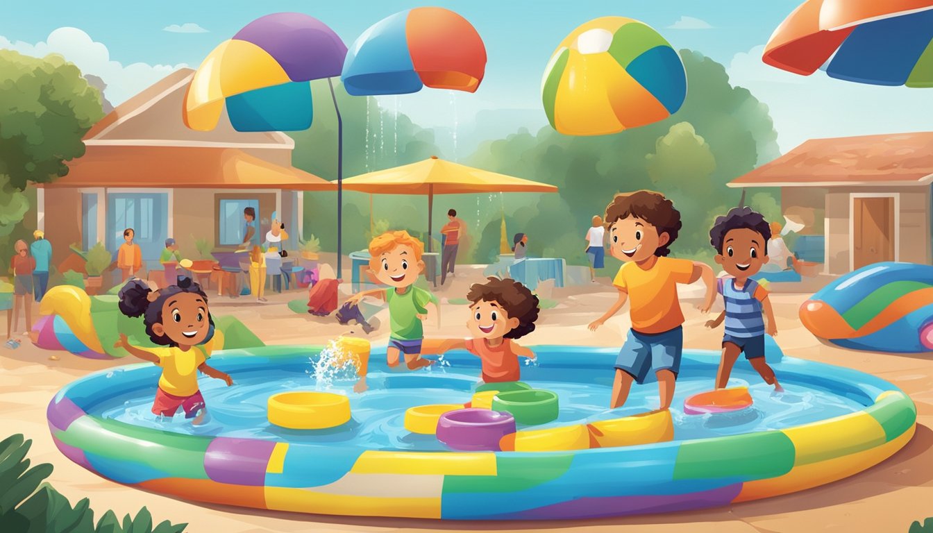 Children playing in colorful kiddie pools surrounded by various engaging activities and games like water toys, inflatable slides, and floating games