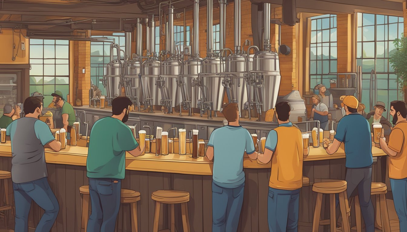 A bustling brewery scene with various styles of beer being poured and enjoyed by patrons