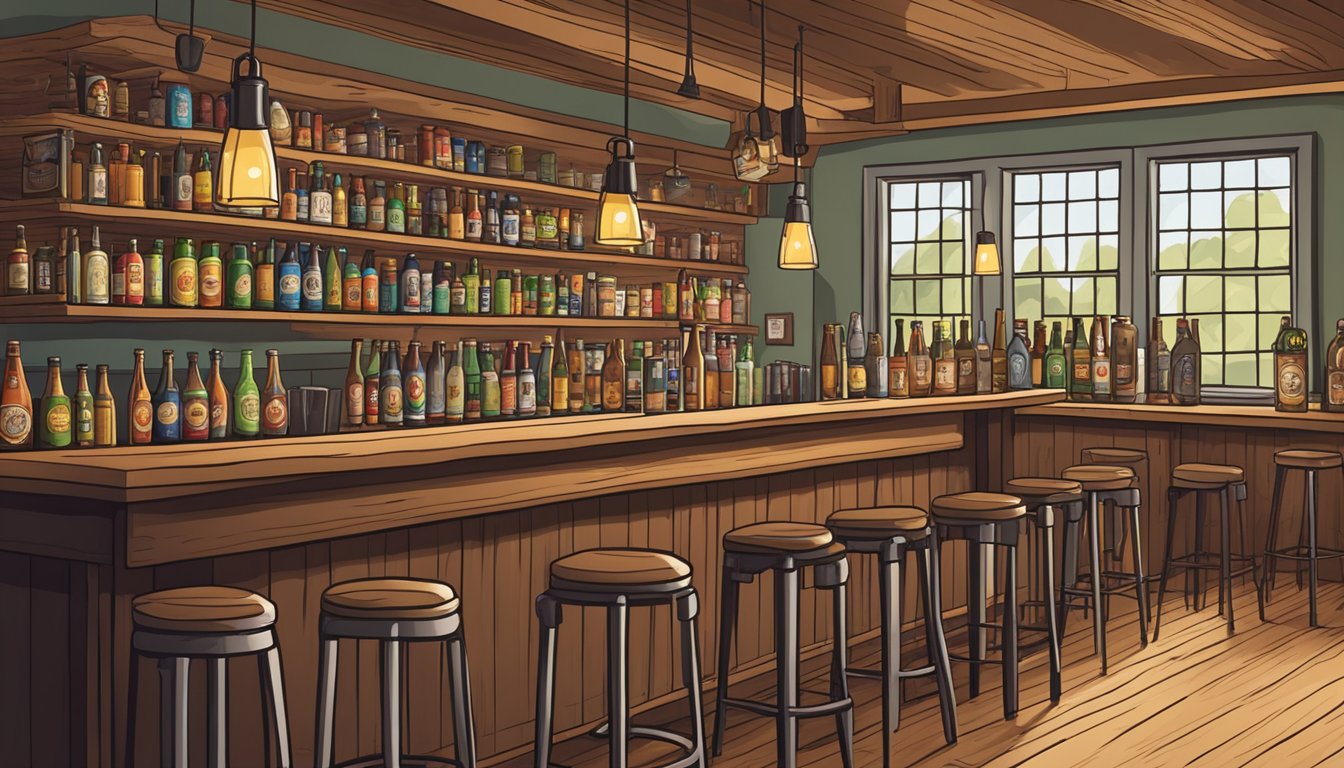 A cozy taproom with wooden tables, barstools, and shelves lined with local craft beer bottles and cans. A bartender pours a pint behind the bar