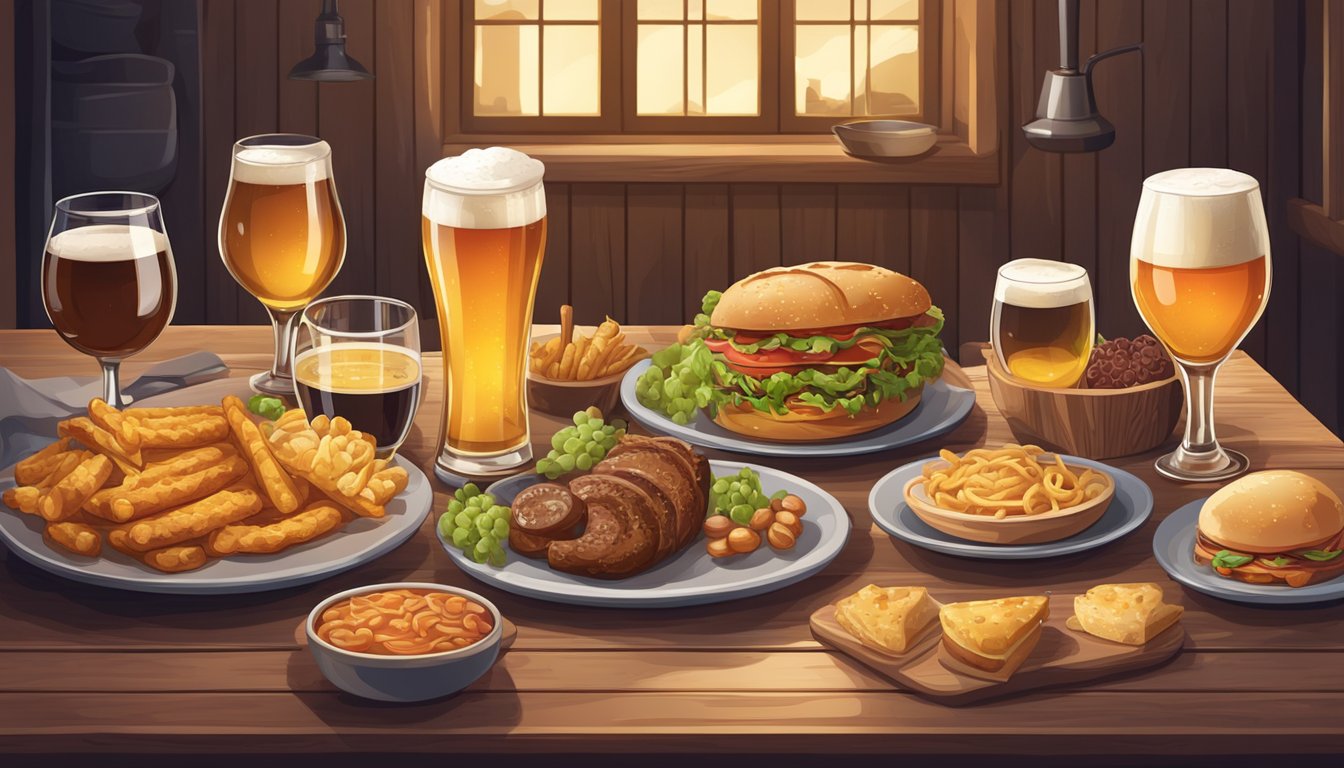 A cozy brewery scene with various craft beer glasses paired with delicious food dishes on a wooden table