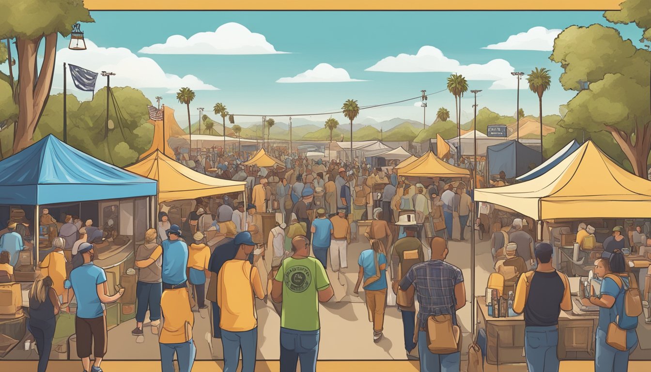 A bustling craft beer festival in Oxnard, CA with a variety of local breweries showcasing their unique and flavorful brews