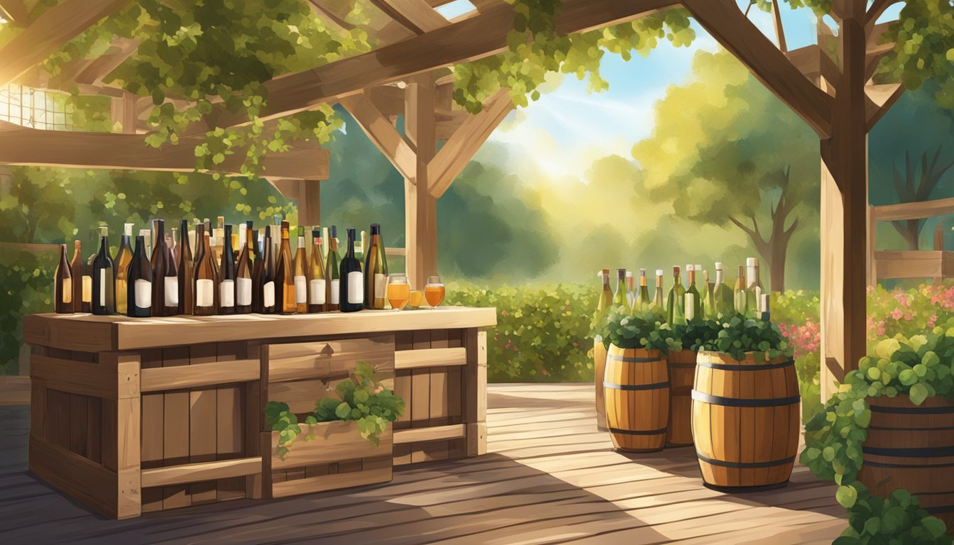 A rustic outdoor setting with a variety of cider and wine bottles displayed on wooden crates, surrounded by lush greenery and warm sunlight