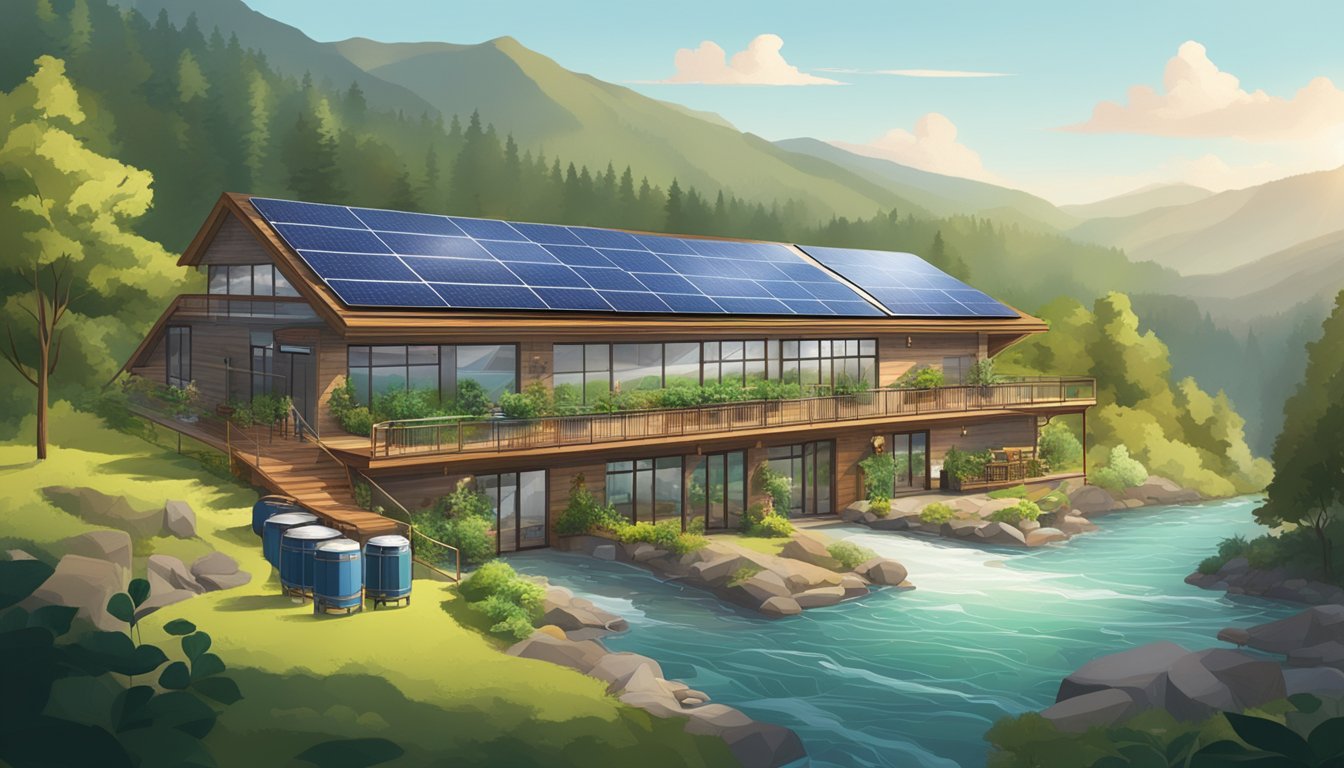 A brewery nestled in the mountains, surrounded by lush greenery and a flowing river. Solar panels adorn the roof, and a composting area is visible