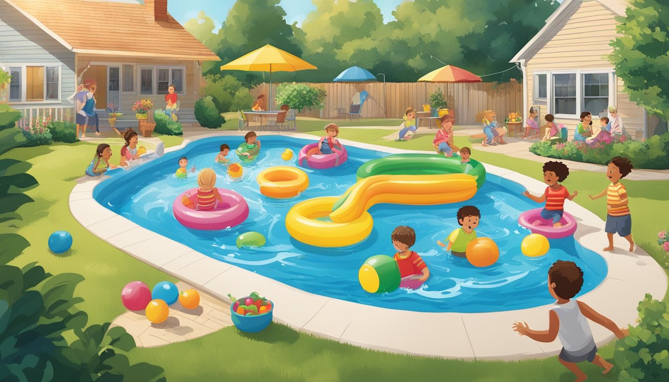 Giant inflatable food-shaped kiddie pools fill a sunny backyard, surrounded by excited children splashing and playing in the water