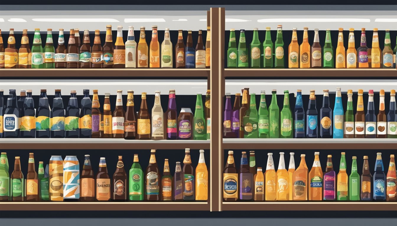 A row of colorful bottles and cans of non-craft beer line the shelves of a local Oxnard liquor store, with various brands and flavors on display