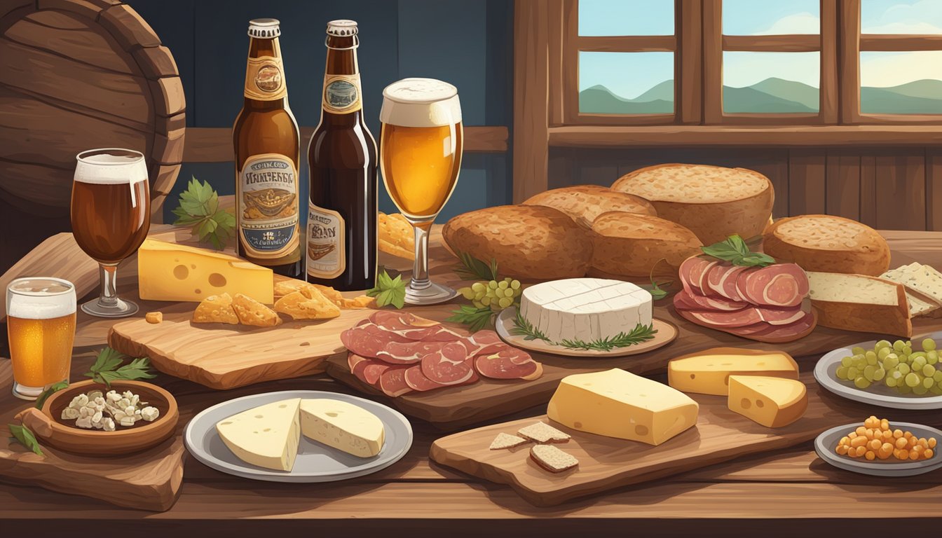 A rustic wooden table adorned with a variety of local craft beers, surrounded by plates of artisanal cheeses, cured meats, and freshly baked bread