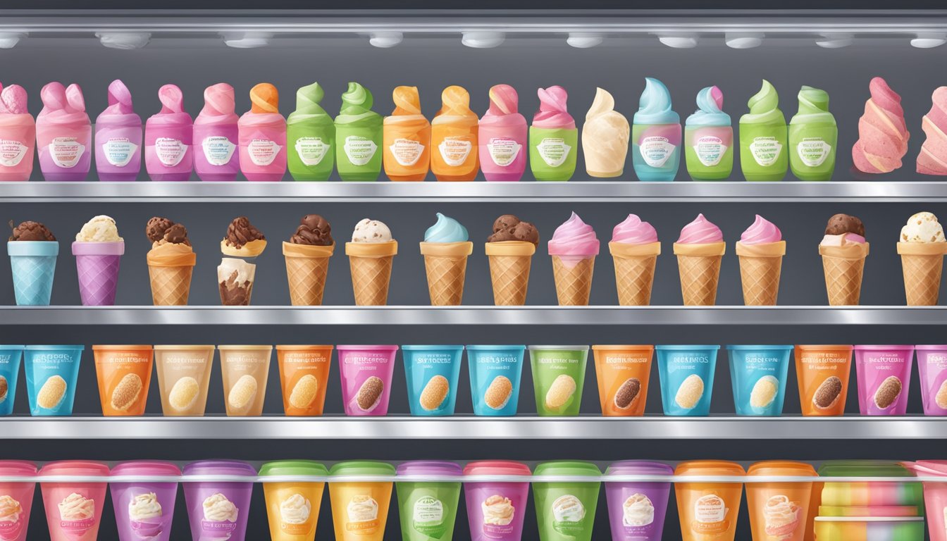 A colorful display of various ice cream flavors arranged neatly in a supermarket freezer, with bright packaging and enticing labels