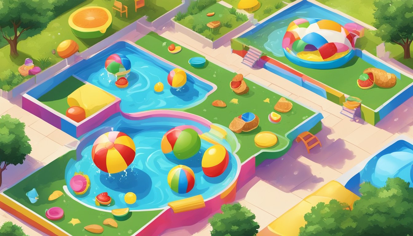 Colorful kiddie pools shaped like giant food items scattered across various backyard settings. Water splashes as children play and enjoy the summer heat