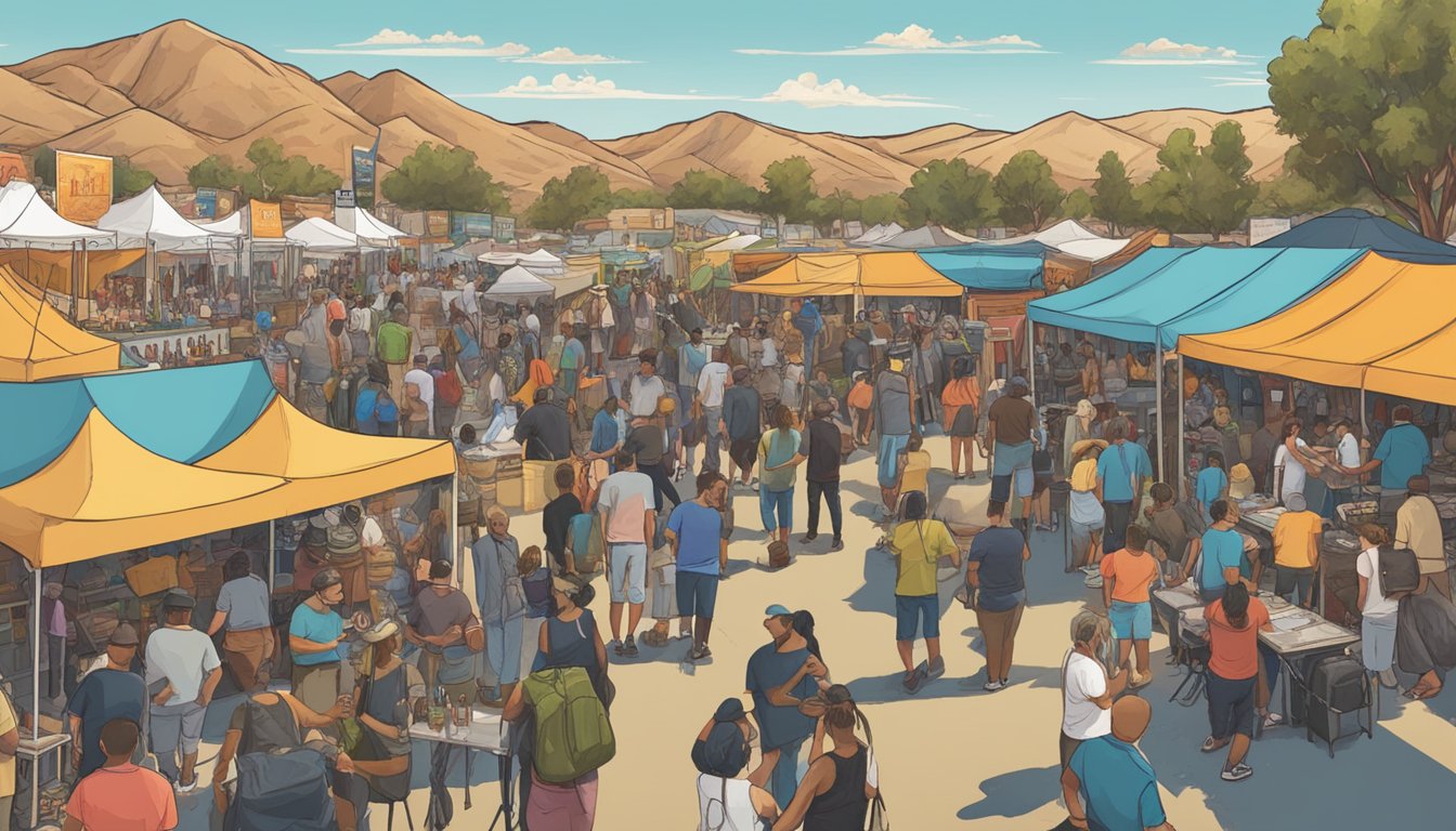 A bustling craft beer festival in Palmdale, CA, with diverse vendors and lively music, showcasing the local community's cultural impact