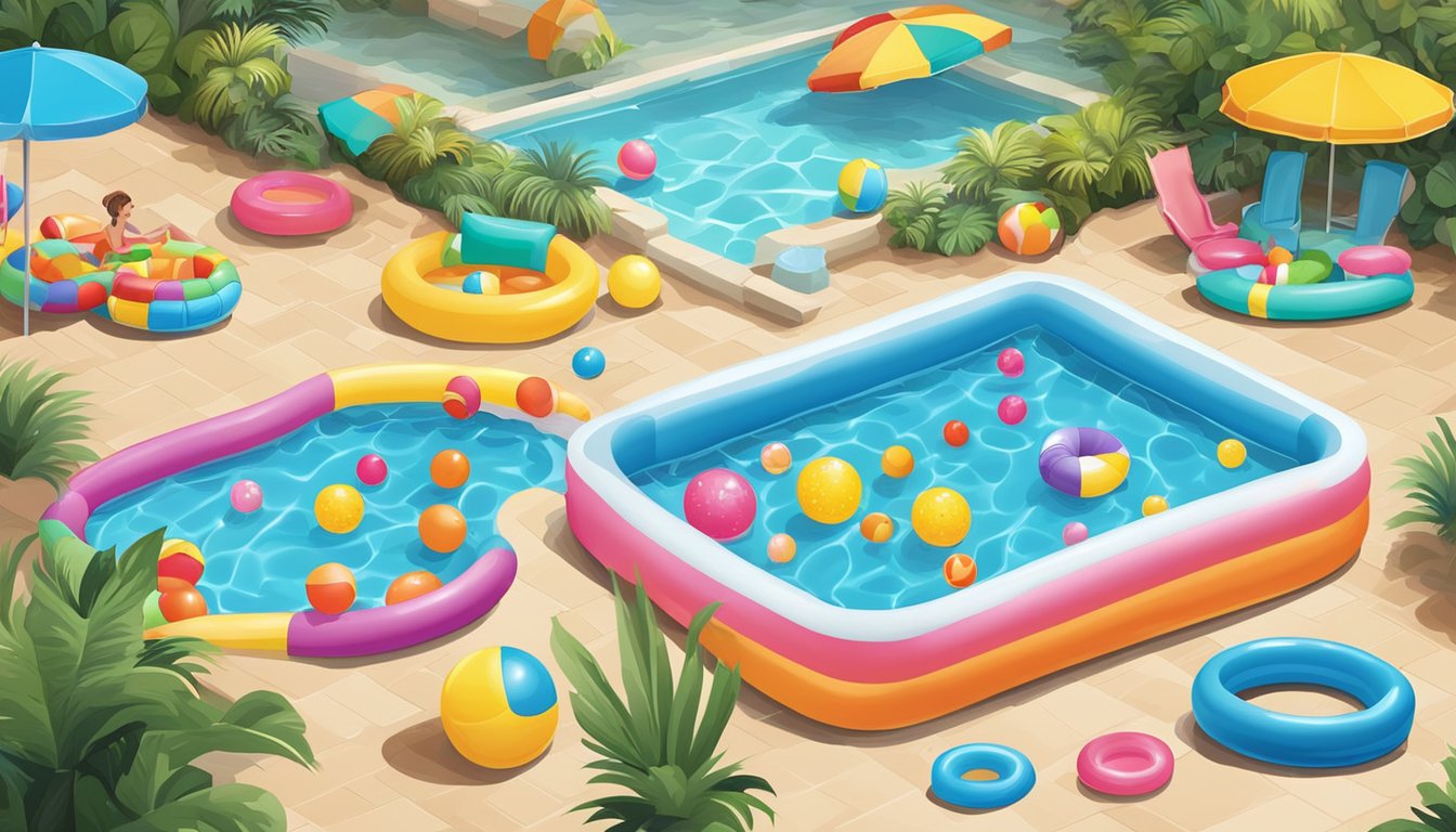 A colorful array of kiddie pools in various sizes and shapes, filled with clear, refreshing water, surrounded by playful pool toys and floaties