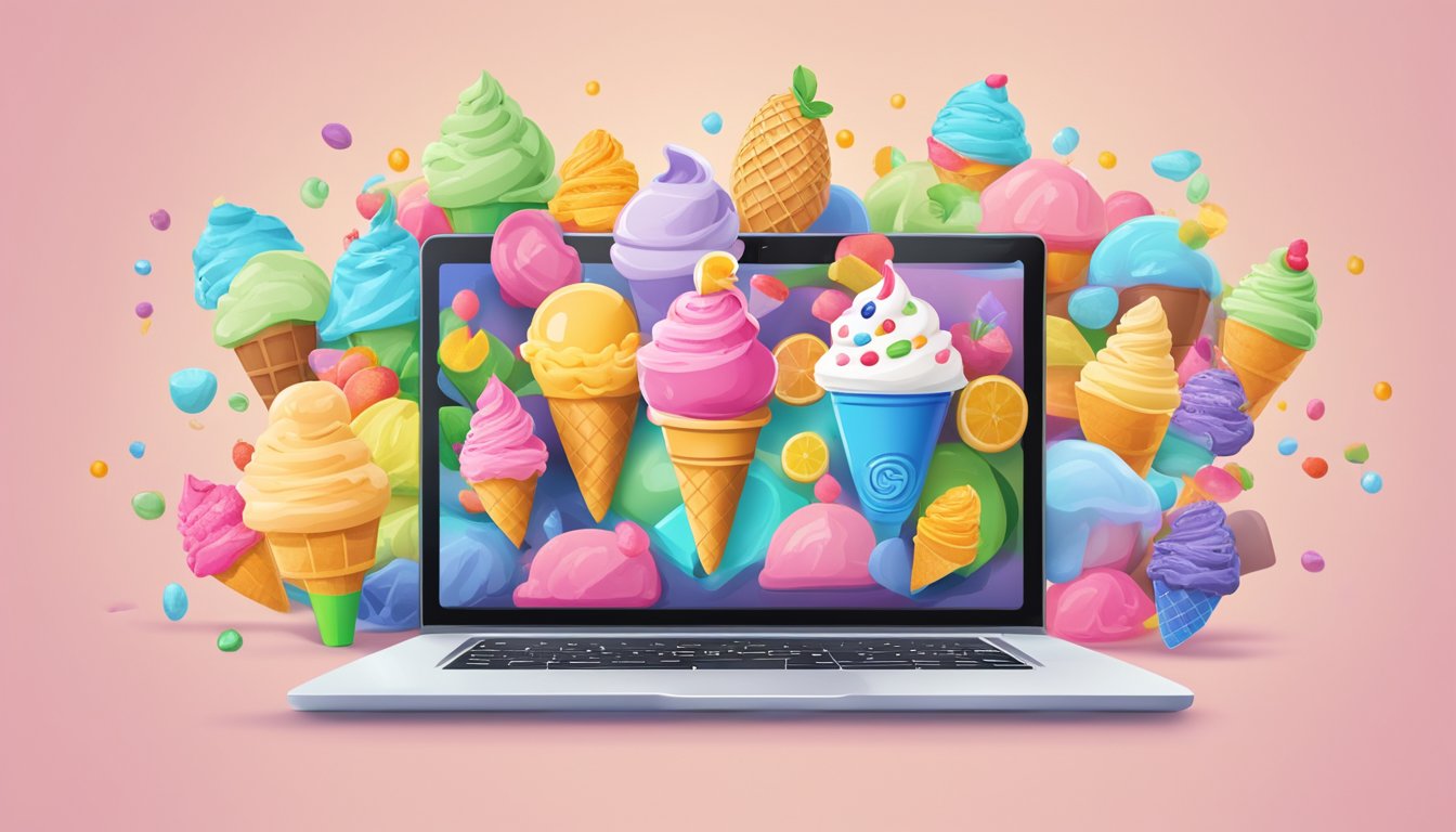 A laptop displaying a variety of colorful ice cream flavors with a "Delightful Lucky Supermarket" logo in the background, surrounded by digital icons representing online shopping