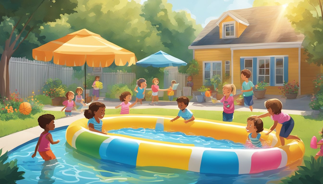 A backyard filled with oversized inflatable food-shaped kiddie pools, surrounded by children playing and splashing in the water under the summer sun