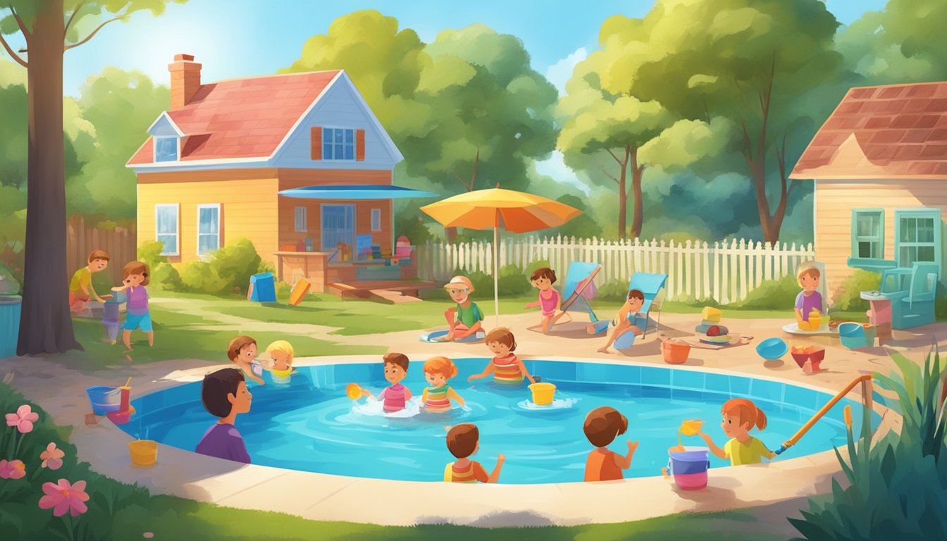 A sunny backyard with a colorful kiddie pool surrounded by happy children and families enjoying the refreshing water on a hot day