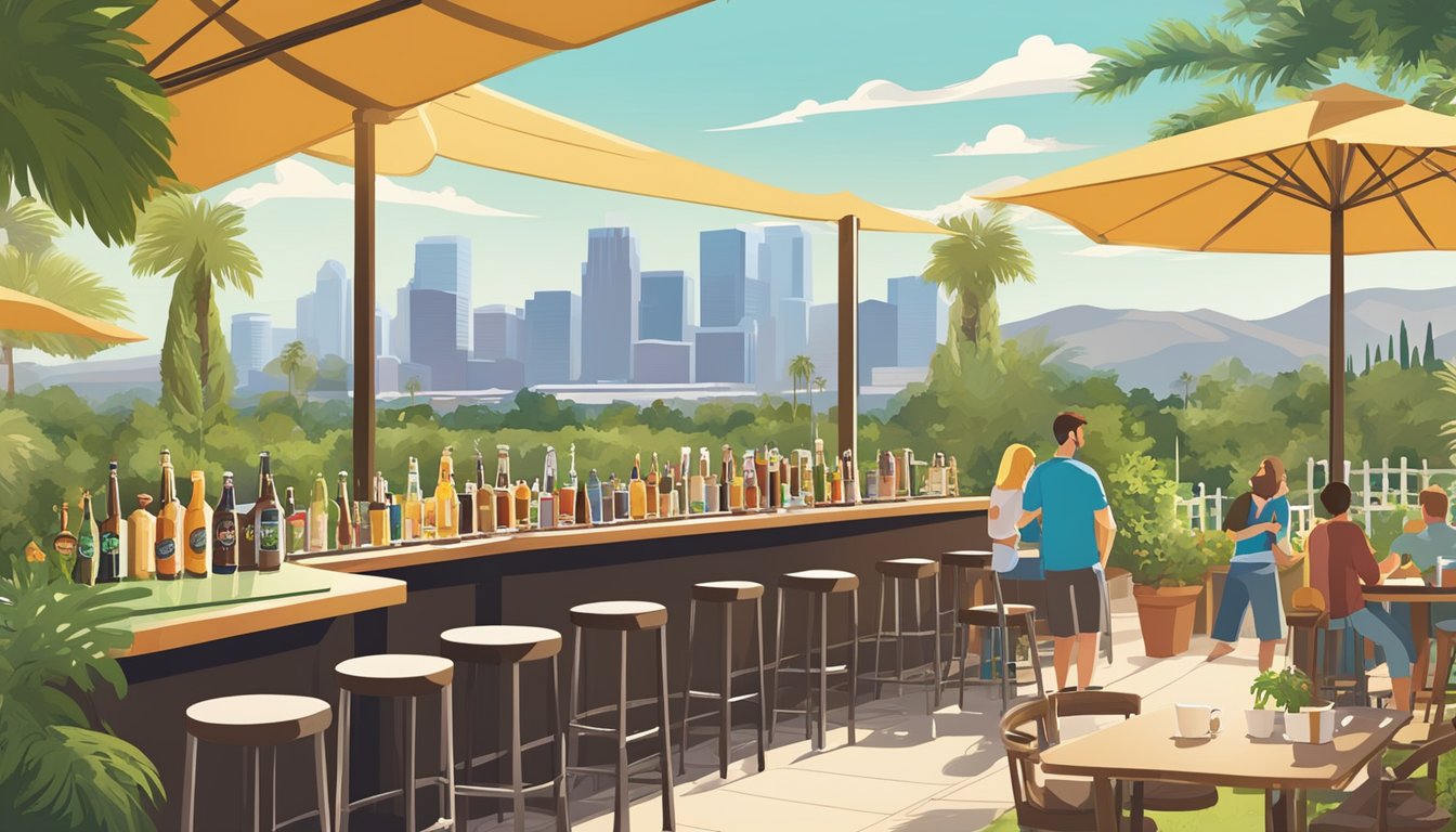 A sunny outdoor beer garden with a variety of local craft beer taps, surrounded by lush greenery and a backdrop of the Palmdale, CA skyline