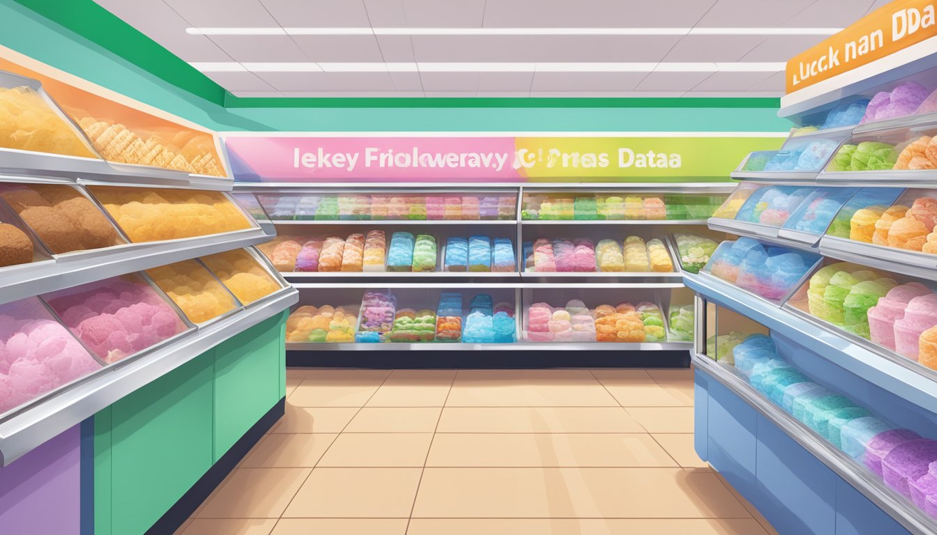 A colorful display of various ice cream flavors at Lucky Supermarket, with a focus on data privacy signage