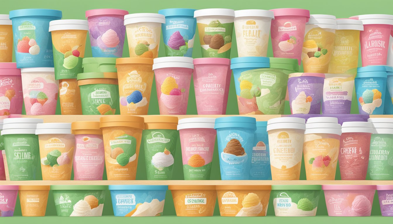 A colorful display of diverse, locally-sourced ice cream flavors nestled in eco-friendly packaging at Lucky Supermarket