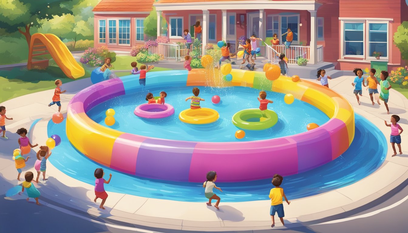 Colorful giant food-shaped kiddie pools dot a vibrant pool play center, surrounded by excited children splashing and playing in the water