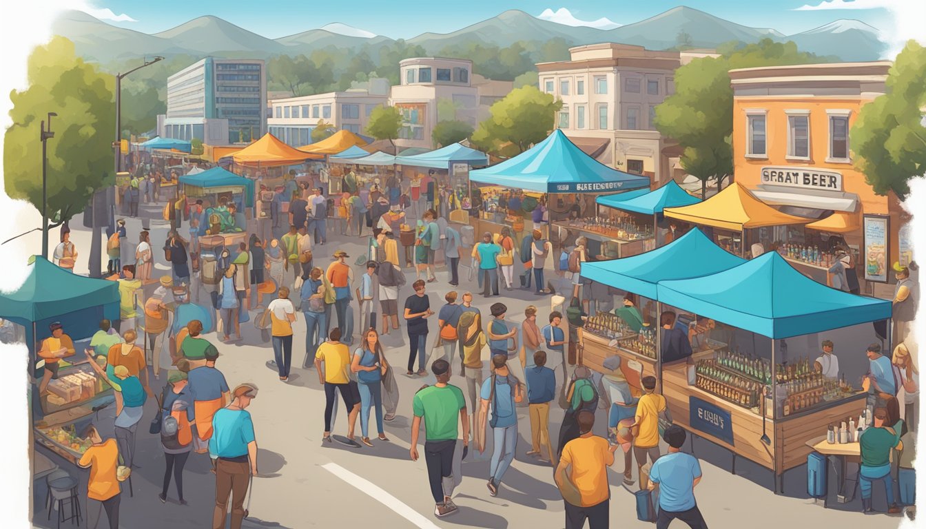 A bustling craft beer festival in Silicon Valley, with colorful banners and food trucks lining the streets, as people gather to sample local brews